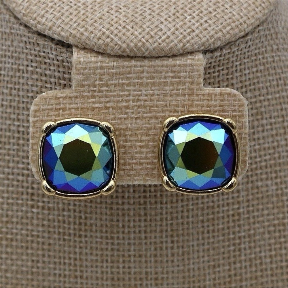 Vtg Iridescent Blue Cushion Crystal Clip On Earrings Gold Tone Gloria Vanderbilt